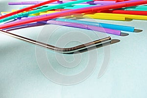 Straw straws metal reusable plastic drinking background colourful full screen
