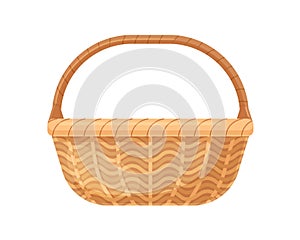 Straw wicker basket with handle. Woven wickerwork without lid or cover. Realistic empty basketwork for storage. Colored