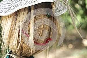 Straw and wood scarecrow dressed in plaid shirt with raised hand and gloves in the shadow of the botanical garden