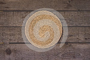 Straw Woven Round Hand Made Texture on Old Wooden Packground with Clipping Path Horizontal