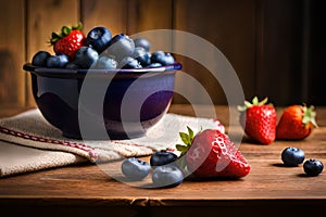 strawberies and blue barries in the bowl on the table