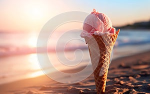 Strawberrie ice cream cone at the beach.