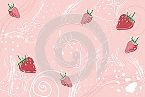 Strawberries on abstract pink background. Template for banner, poster, bar, cocktail. Illustration of drink for menu or