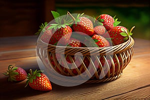 strawberries in bamboo basket fruit Strawberry. on a wooden table in a garden., Generative AI illustration