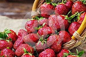 strawberries in basket, strawberry basket, strawberries on wooden table, strawberries on a brown background, basket with