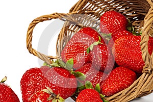 Strawberries and basket on a white background.