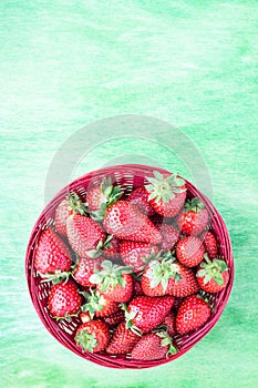 Strawberries Basket Wooden Green Background