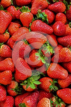 Strawberries in basket on wooden table