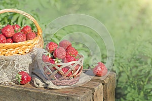 Strawberries in basket on wooden table outdoor