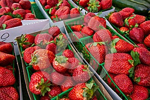 Strawberries in baskets at farmers market
