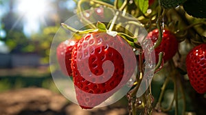 Strawberries on a branch with dew drops, close-up