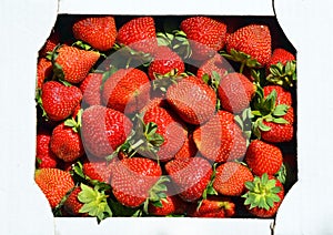 Strawberries in a cardboard box. Strawberries