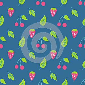 Strawberries and cherries with leaves on a blue background. Vector seamless pattern in flat style. Wallpaper, packaging