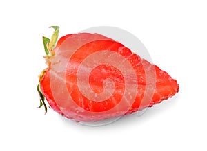 Strawberries cut in half with a green leaf. Bright red, juicy, tasty, and fresh berry, on a white background.