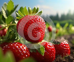 strawberries with drops of water on a background of the forest