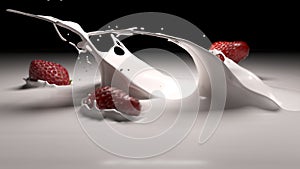 Strawberries fall into white yogurt