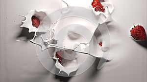 Strawberries fall into white yogurt