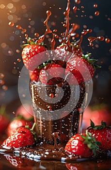 Strawberries falling into chocolate fondue pot with chocolate sauce splashing on them