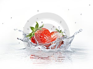 Strawberries falling into clear water, forming a crown splash.