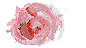 Strawberries floating on a milky strawberry shatter 3d