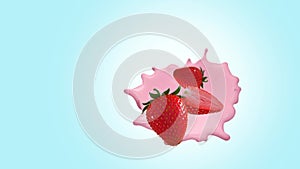 Strawberries floating on the milky strawberry shatter 3d