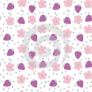 Strawberries, flowers and drops seamless pattern. Design for T-shirt, textile and prints.