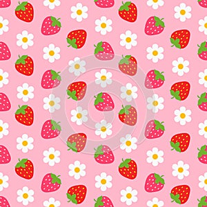 Strawberry & flower seamless pattern. Repeatable background. Isolated on pink background. Vector illustration. photo
