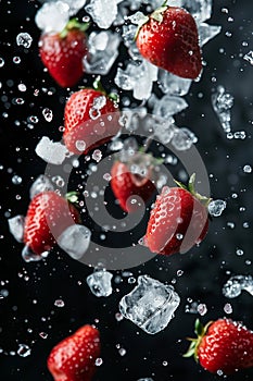 Strawberries frozen and ice cubes falling