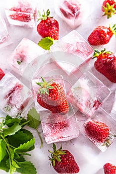 Strawberries frozen in ice cubes with mellisa leaves - Top of view