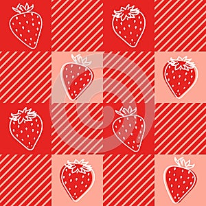 Strawberries gingham plaid, tartan fabric texture, vector seamless pattern. Checkered repeat pattern textile design.