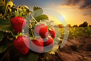 strawberries growing in field at sunset ready to harvest