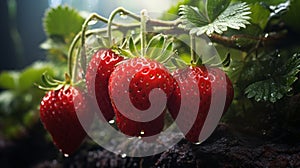 Strawberries growing in the garden. Selective focus. Nature