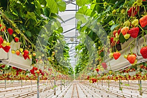 Strawberries growing in a greenhouse