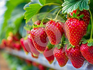 Strawberries growing on a vine