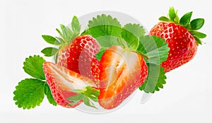 strawberries with half slices strawberry falling or flying in the air with green leaves isolated on white background