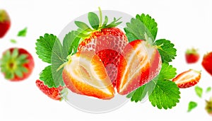 strawberries with half slices strawberry falling or flying in the air with green leaves isolated on white background