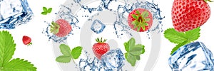 Strawberries, ice cubes and water splash