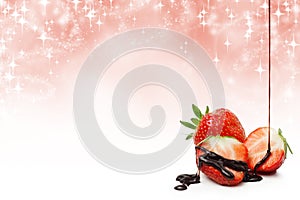 Strawberries and liquid chocolate with copy space
