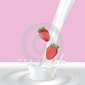 Strawberries in the milk splash. Vector illustration.