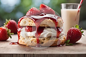 Strawberries, photorealistic photogenic strawberry scone in juice and jelly