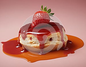 Strawberries, photorealistic photogenic strawberry scone in juice and jelly