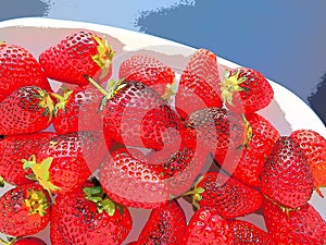 Strawberries on a plate, blue background. White dishes and ripe delicious red large garden strawberries. Healthy food