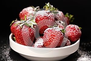 Strawberries in a plate with powdered sugar on a black background, side view close-up.