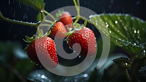 strawberries in the rain sitting on top of green plants