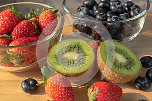 strawberries and raspberry on the table