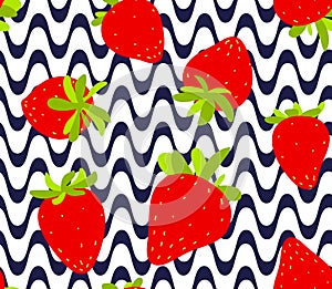 Strawberries seamless pattern. Red strawberry with green leaves