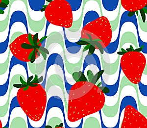 Strawberries seamless pattern. Red strawberry with green leaves