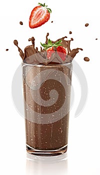 Strawberries splashing into a chocolate milkshake glass.