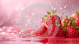 Strawberries Splashing in Water Against a Light Red Backdrop. Juicy Delight. Strawberries Background