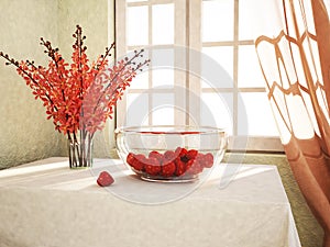 Strawberries on table in the plate